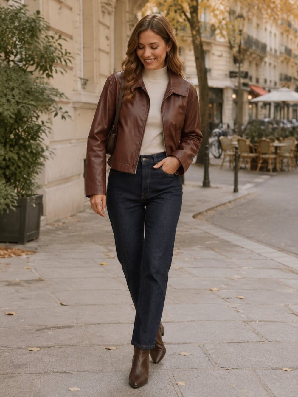 Brown Faux Leather Collared Zip Front Cropped Bomber Jacket